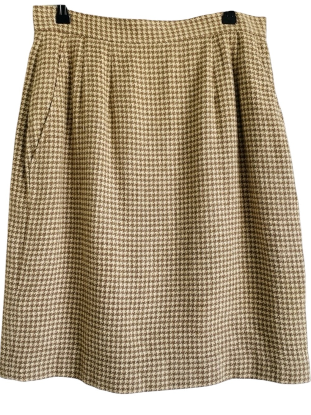 VTG Anne Klein Skirt Houndstooth Silk Wool Tan Camel Beige Pencil Tweed Size 12